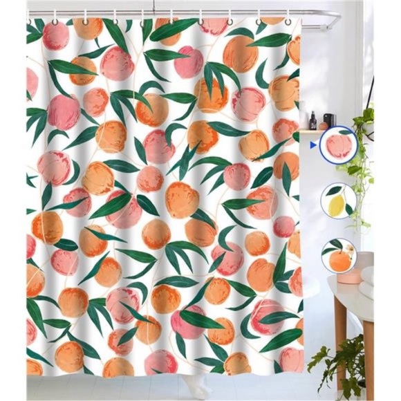 Allover Fruits Shower Curtains,Peach, Cute Bright Fabric Bathroom Curtain Set - Picture 1 of 8